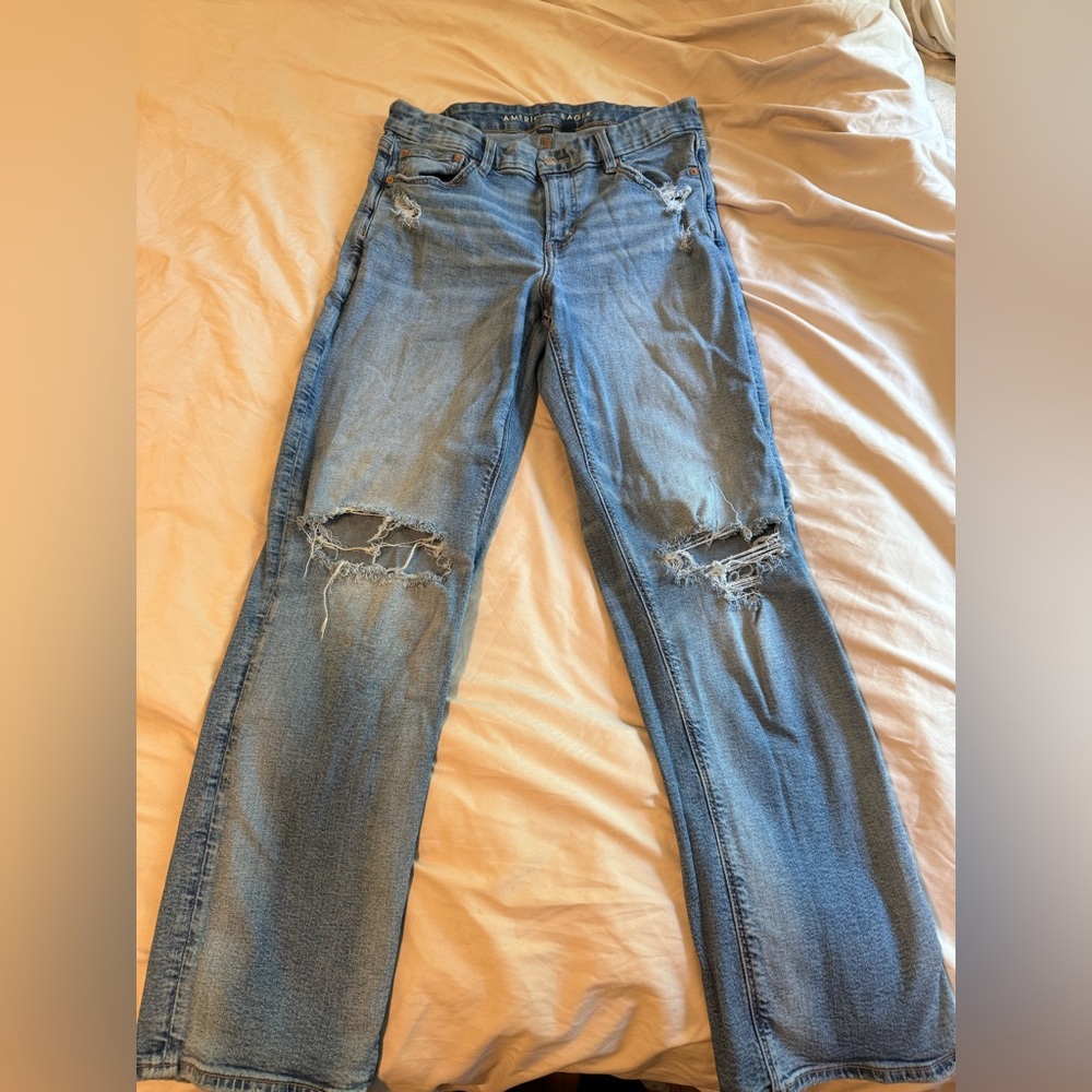 American Eagle Outfitters Blue Straight Leg Jeans with Distressed Details